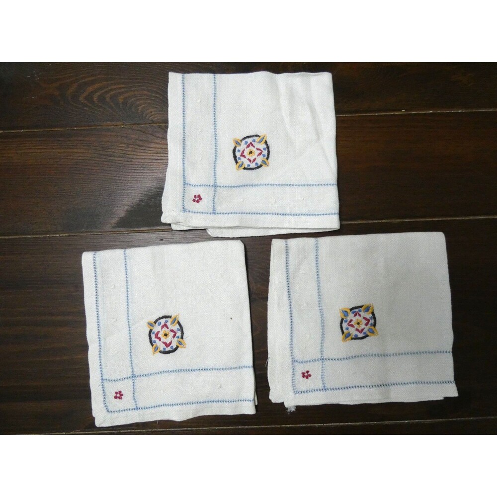 VTG Set of 3 Embroidered Cloth Napkins Blue & Red Flower Delicate 11.5" Square